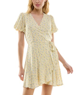 Trixxi - Juniors' Floral Print Puff-Sleeve Ruffled Wrap Dress
