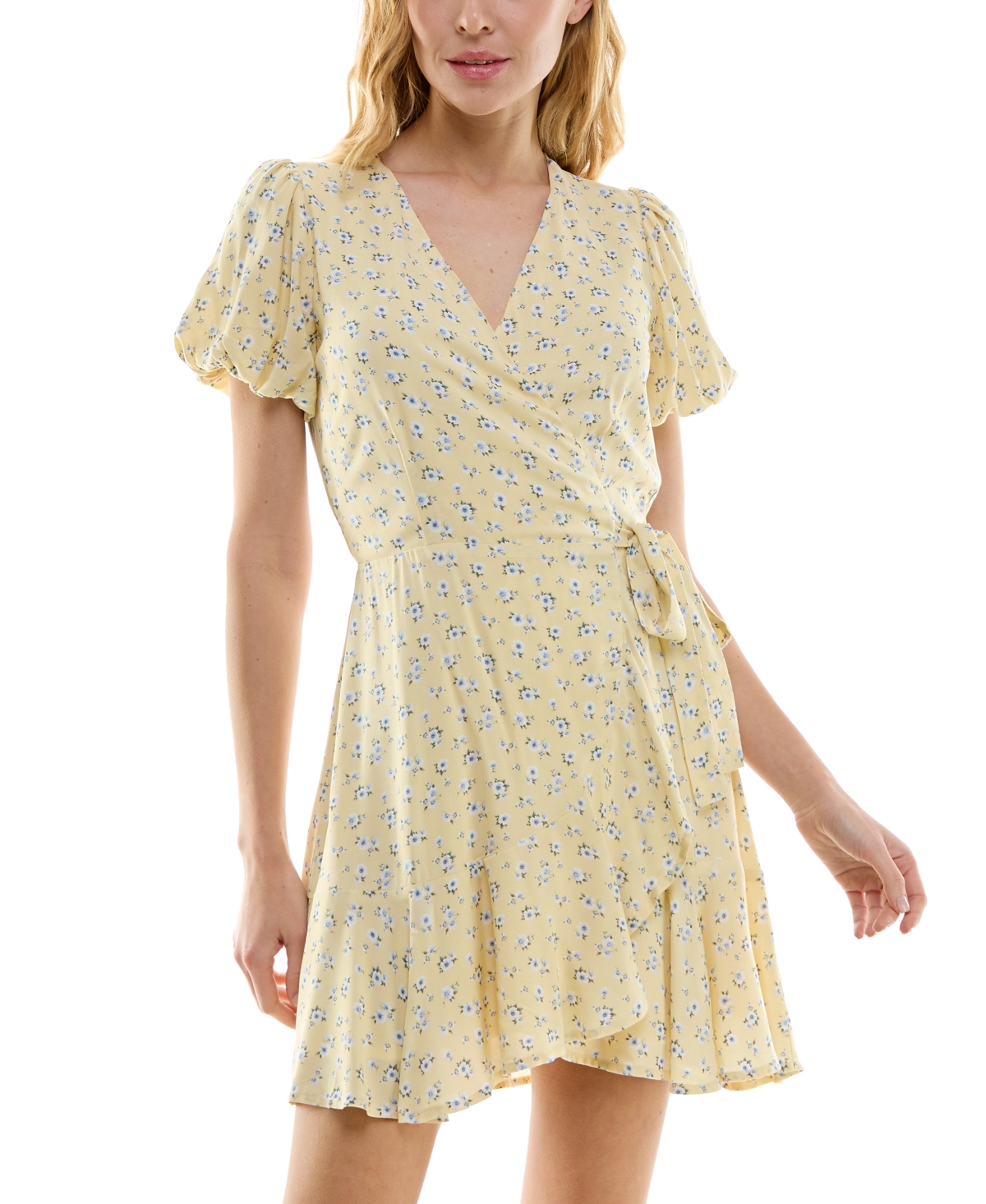 Juniors' Floral Print Puff-Sleeve Ruffled Wrap Dress - Yellowflor