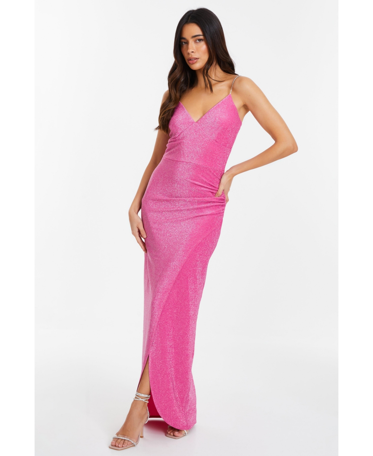 Women's Lurex Wrap Diamante Strap Maxi Dress - Pink