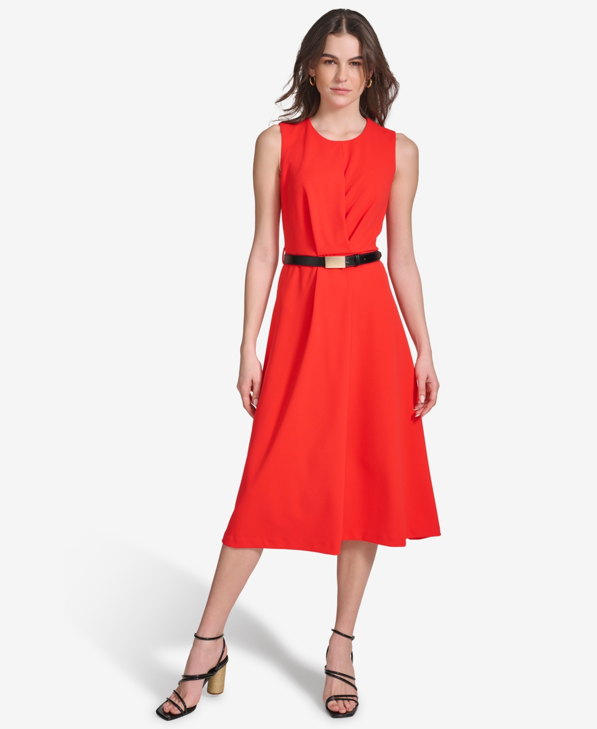 Shop Calvin Klein Women's Belted A-line Dress In Tango