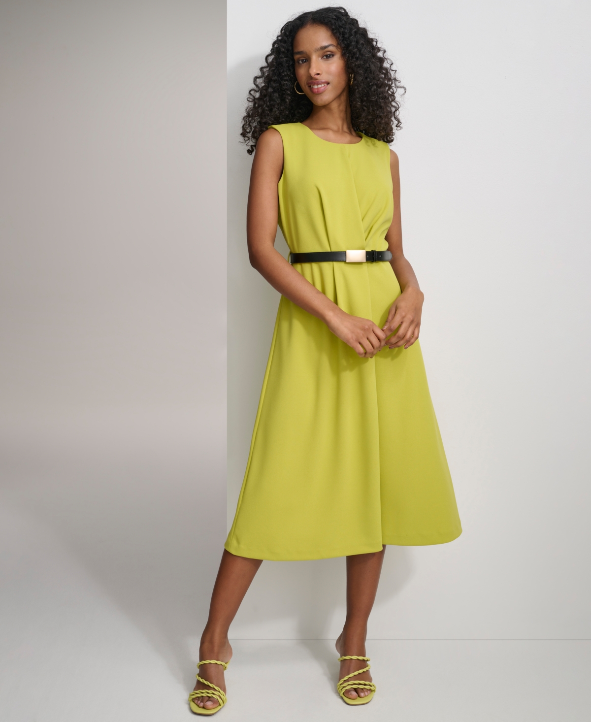 Shop Calvin Klein Women's Belted A-line Dress In Celery