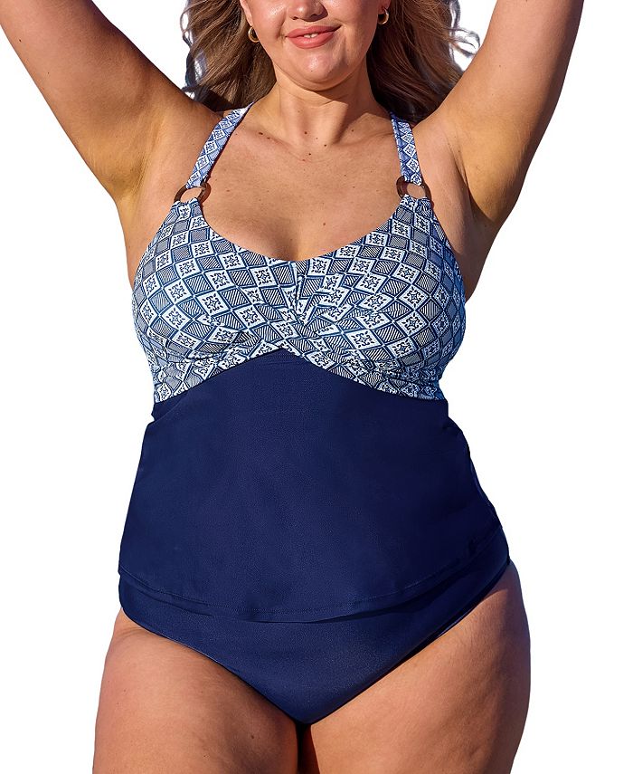CUPSHE Plus Size Crisscross Back Tankini Sets Mid Waist Bikinis