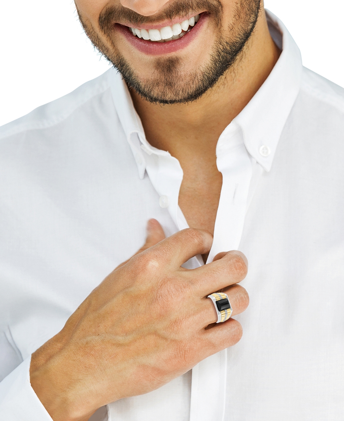 EFFY COLLECTION EFFY MEN'S ONYX & DIAMOND ACCENT RING IN STERLING SILVER & 14K GOLD-PLATE 