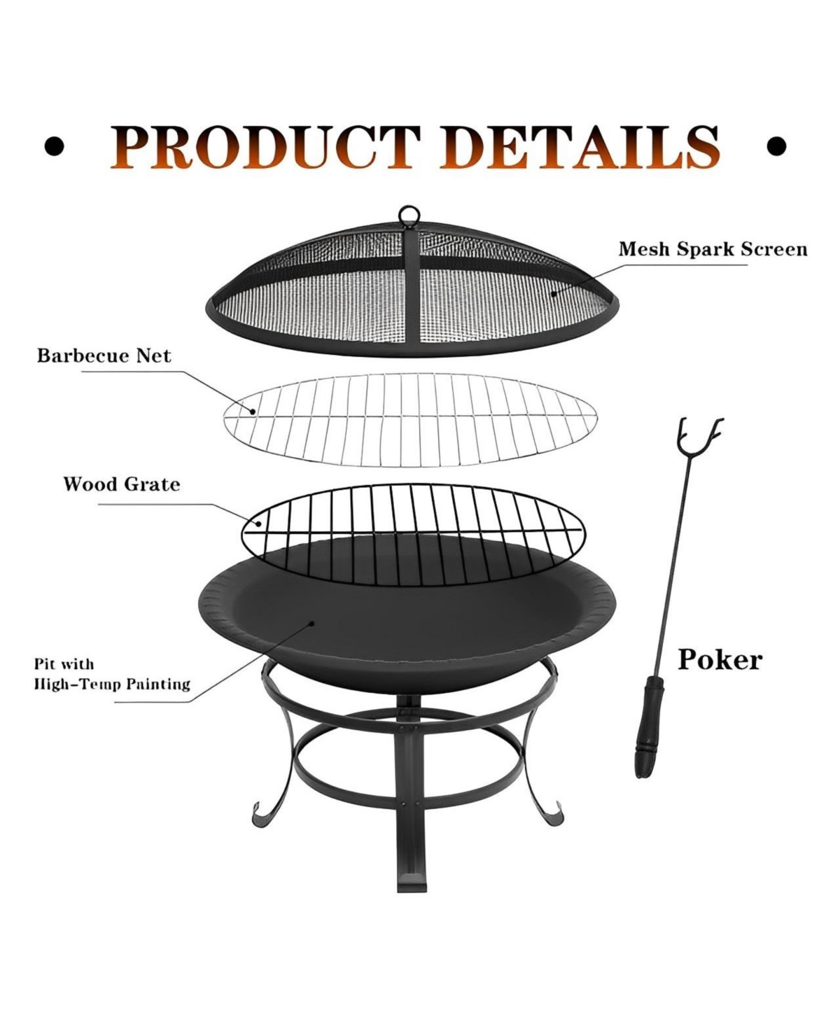 Outdoor All-Season Portable Steel Fire Pits Fire Places with Spark Screen, Barbecue Net, Poke
