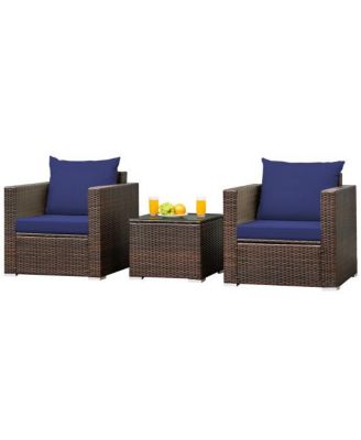 3 Pcs Patio Conversation Rattan Furniture Set with Cushion