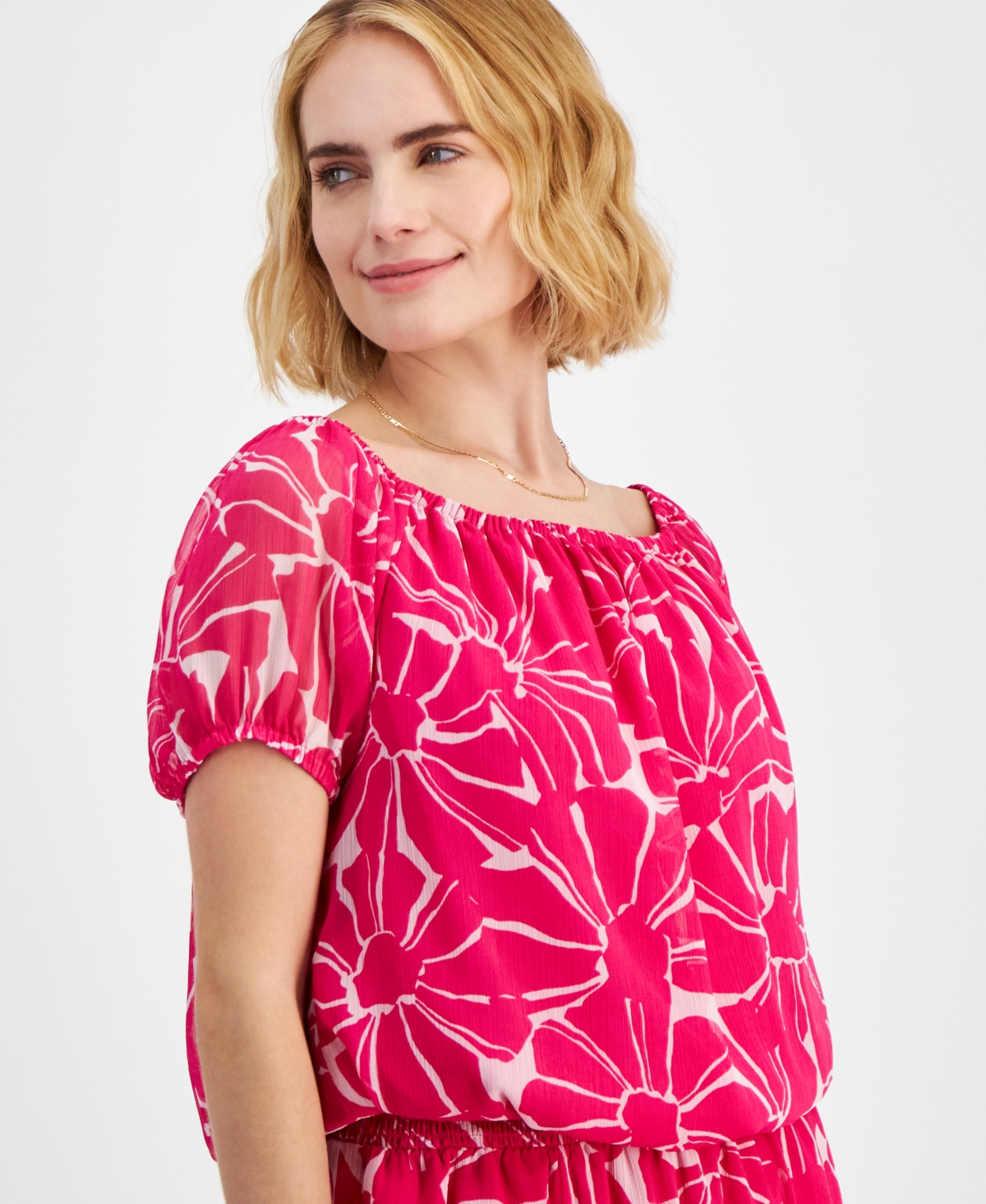 Petite Printed Puff-Sleeve Top, Created for Macy's - Tala Blooms Pnk