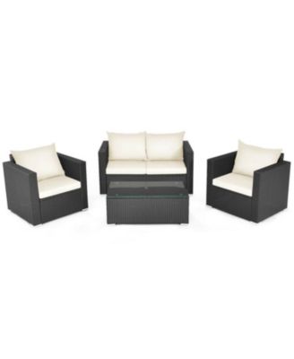 4 Pieces Patio Rattan Conversation Set with Padded Cushion and Tempered Glass Coffee Table