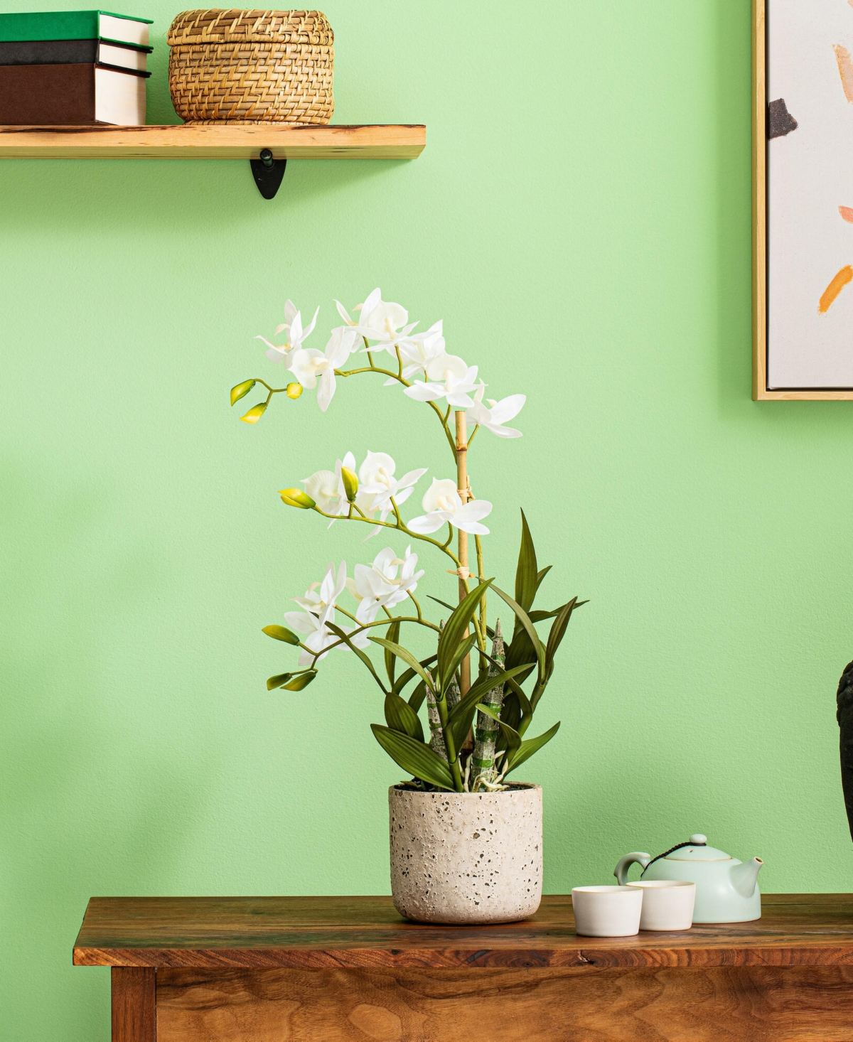 Vickerman 19" Artificial White Deluxe Potted Cycnoches Orchid. In White