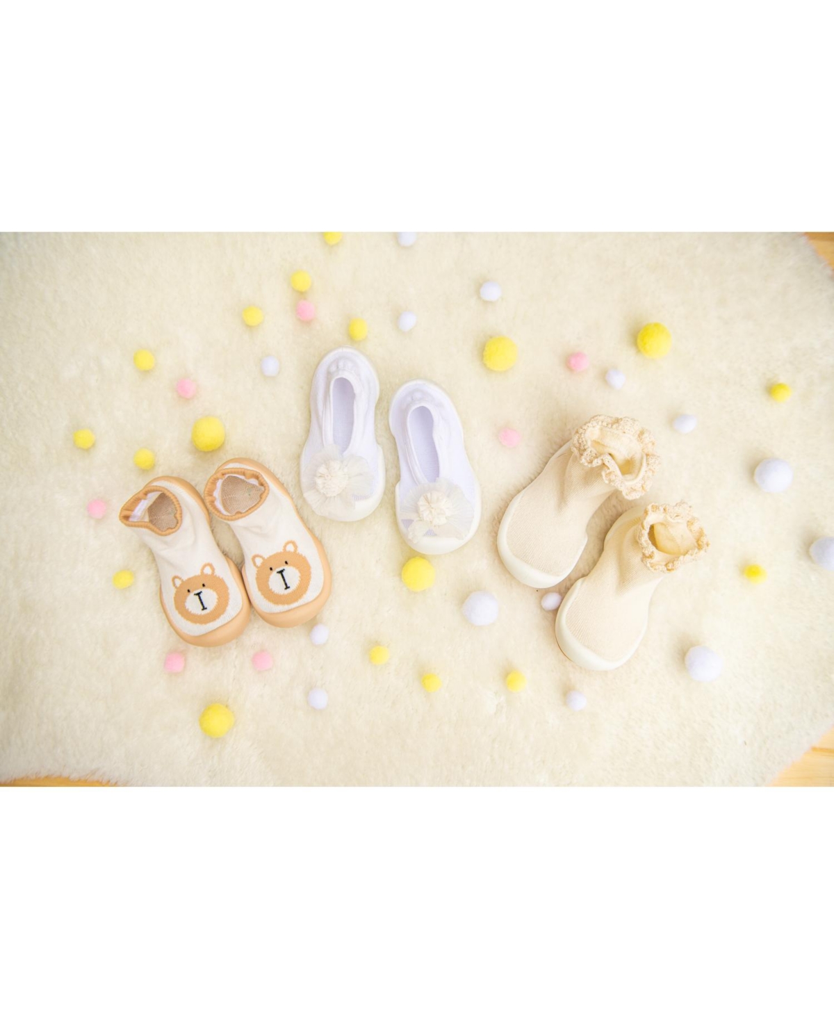 Komuello Baby Girls Breathable Washable Non-Slip Sock Shoes Flat - Pompom Flower- White