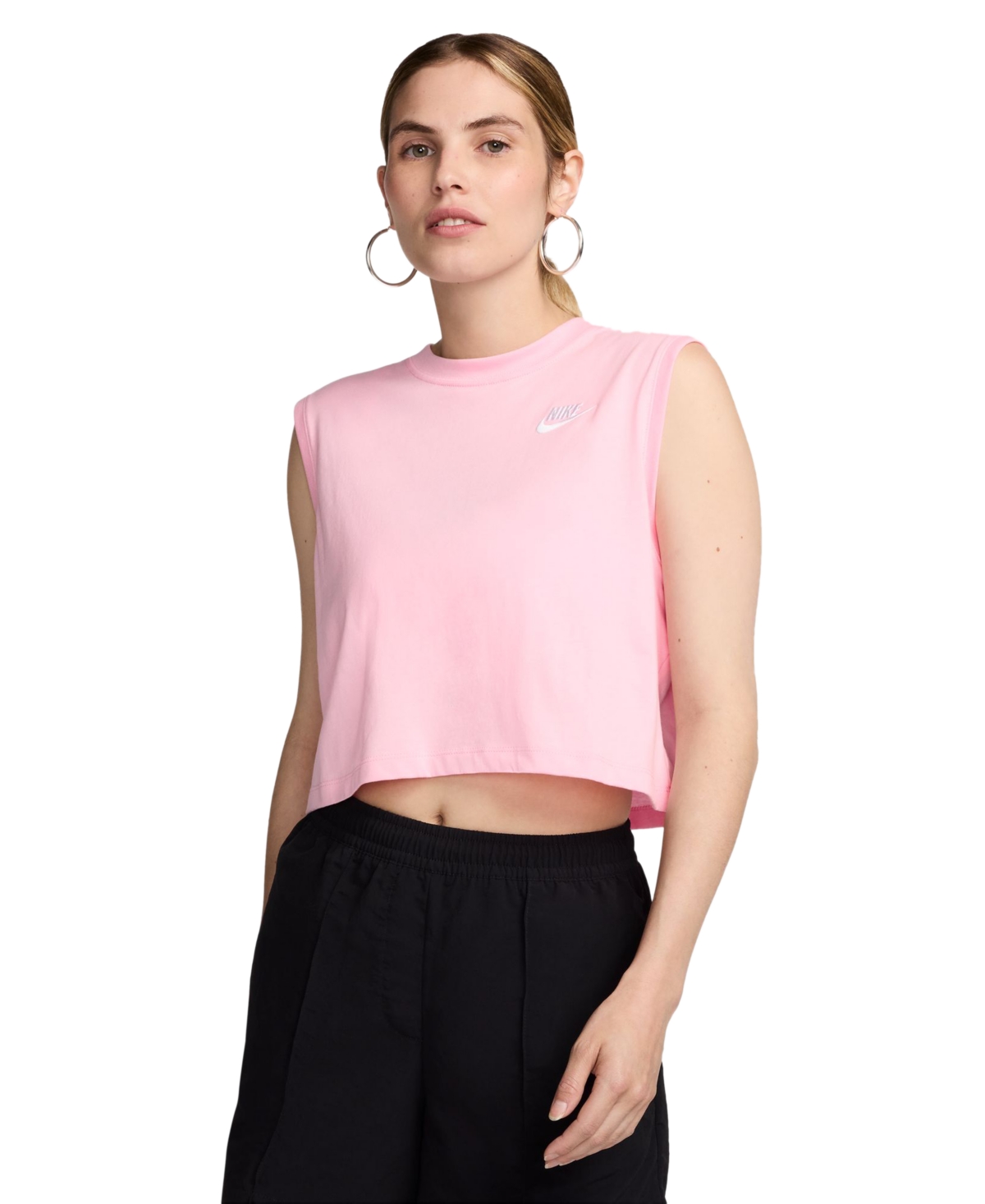 Shop Nike Women's Sportswear Club Cropped Sleeveless T-shirt In Med Soft Pink,white