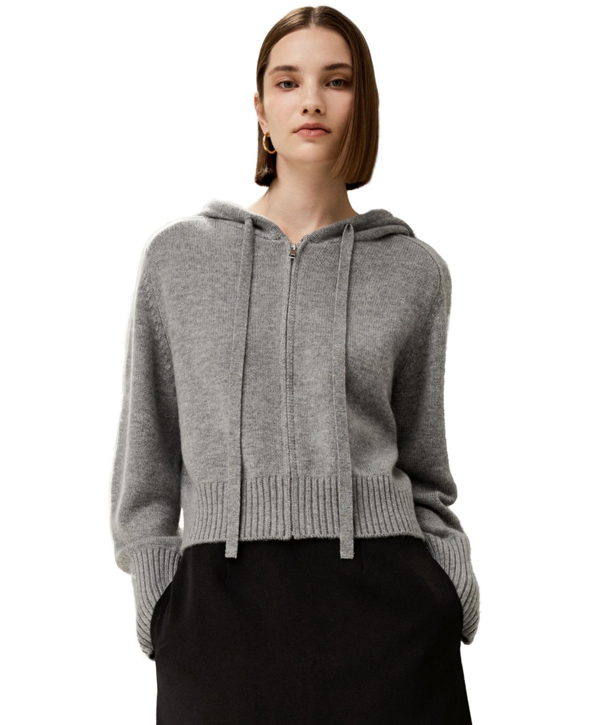 Short Zip-Up Wool Cashmere Hoodie for Women - Black