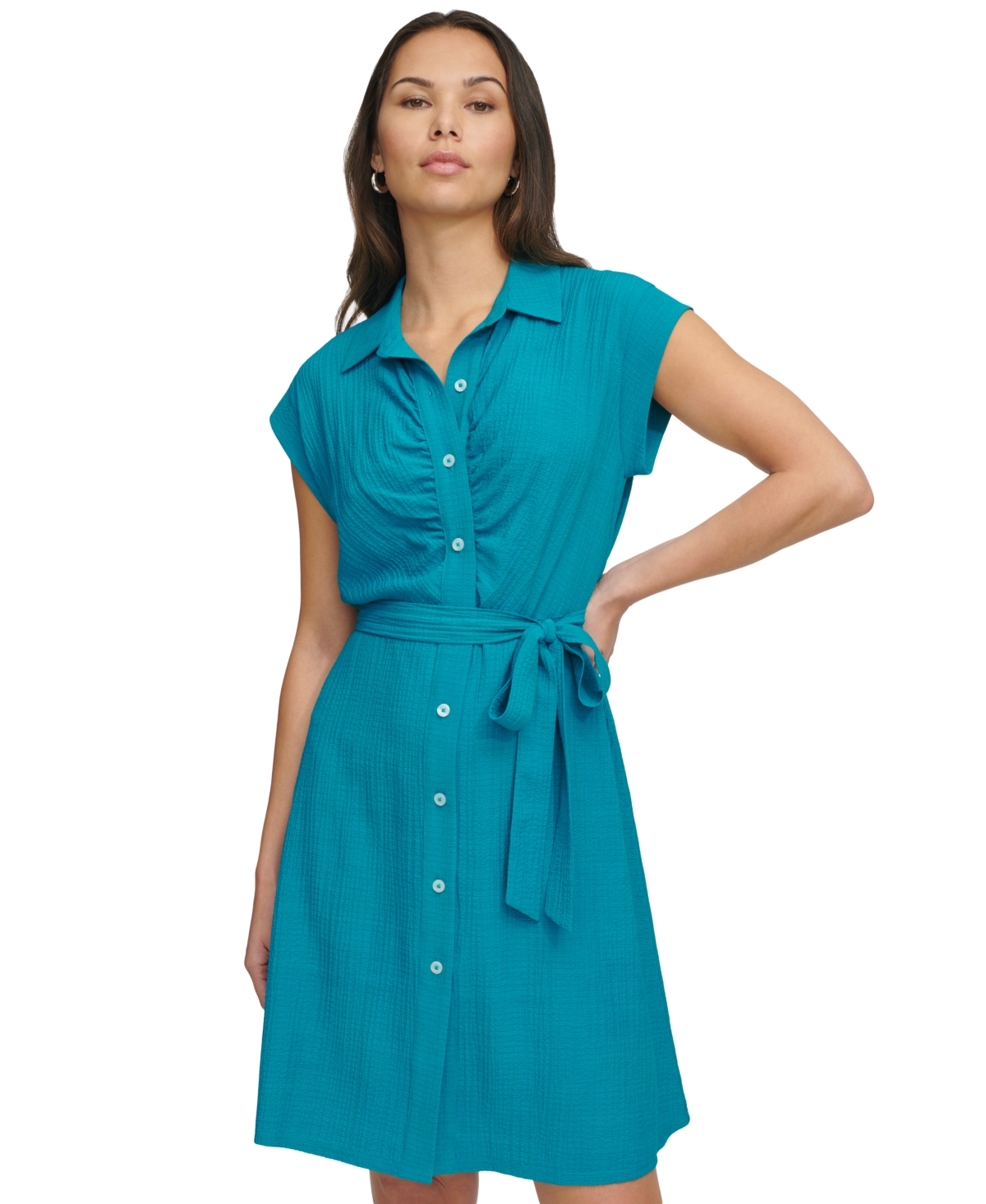 Shop Dkny Women's Ruched A-line Shirtdress In Gulf Blue