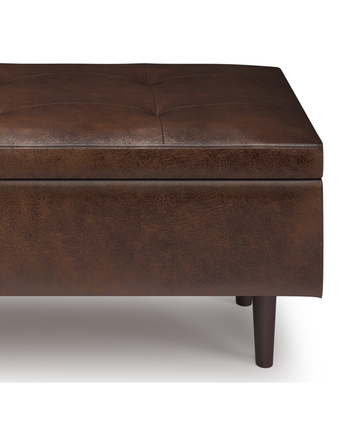 Simpli Home Shay Mid Century Rectangular Storage Ottoman In Distressed Chestnut Brown Pu Leather In Distressed Chestnut Brown