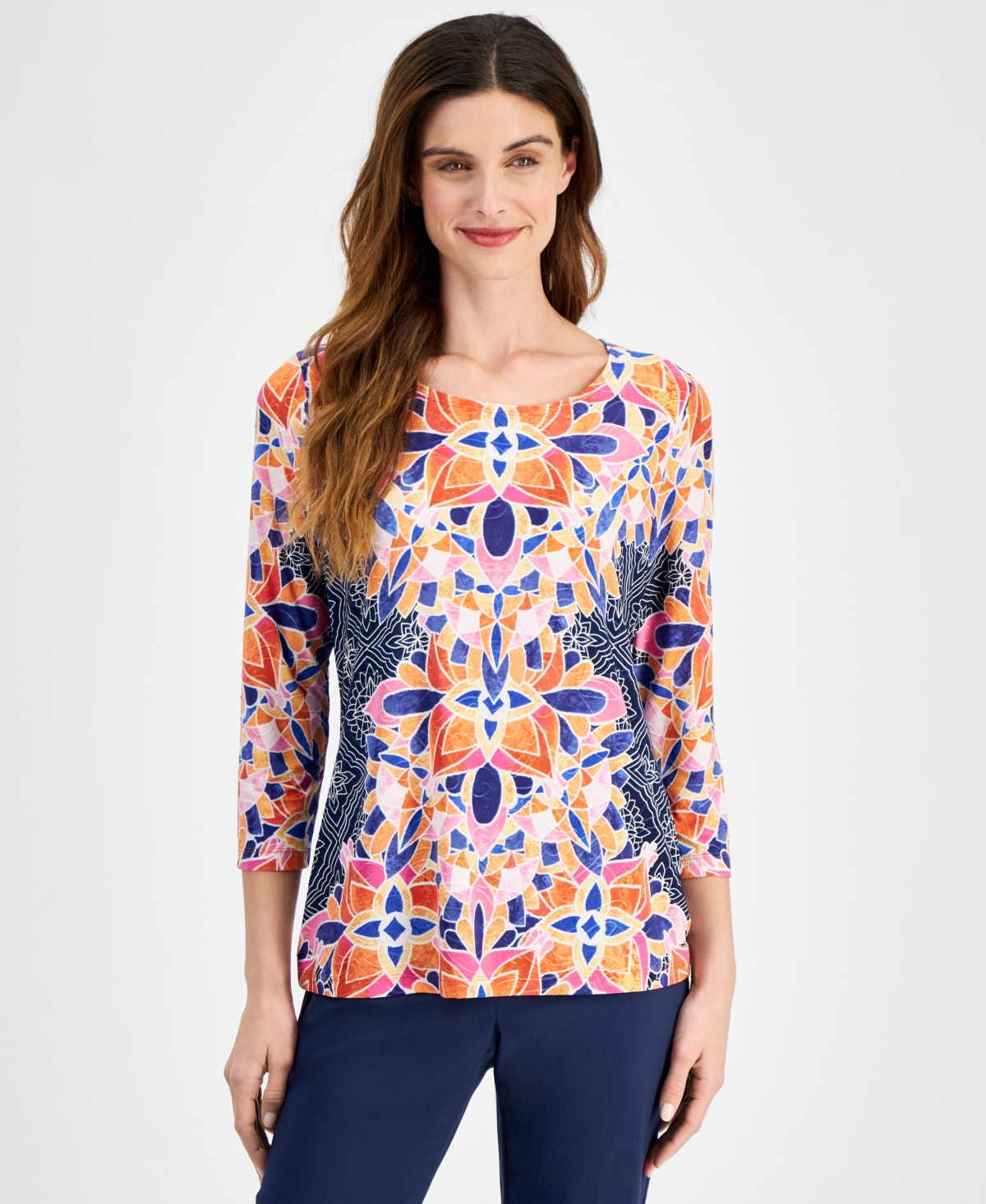 Women's Printed 3/4 Sleeve Jacquard Top, Created for Macy's - Intrepid Blue Combo