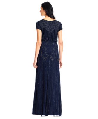 Women's Beaded Short-Sleeve Sheer-Overlay Gown
