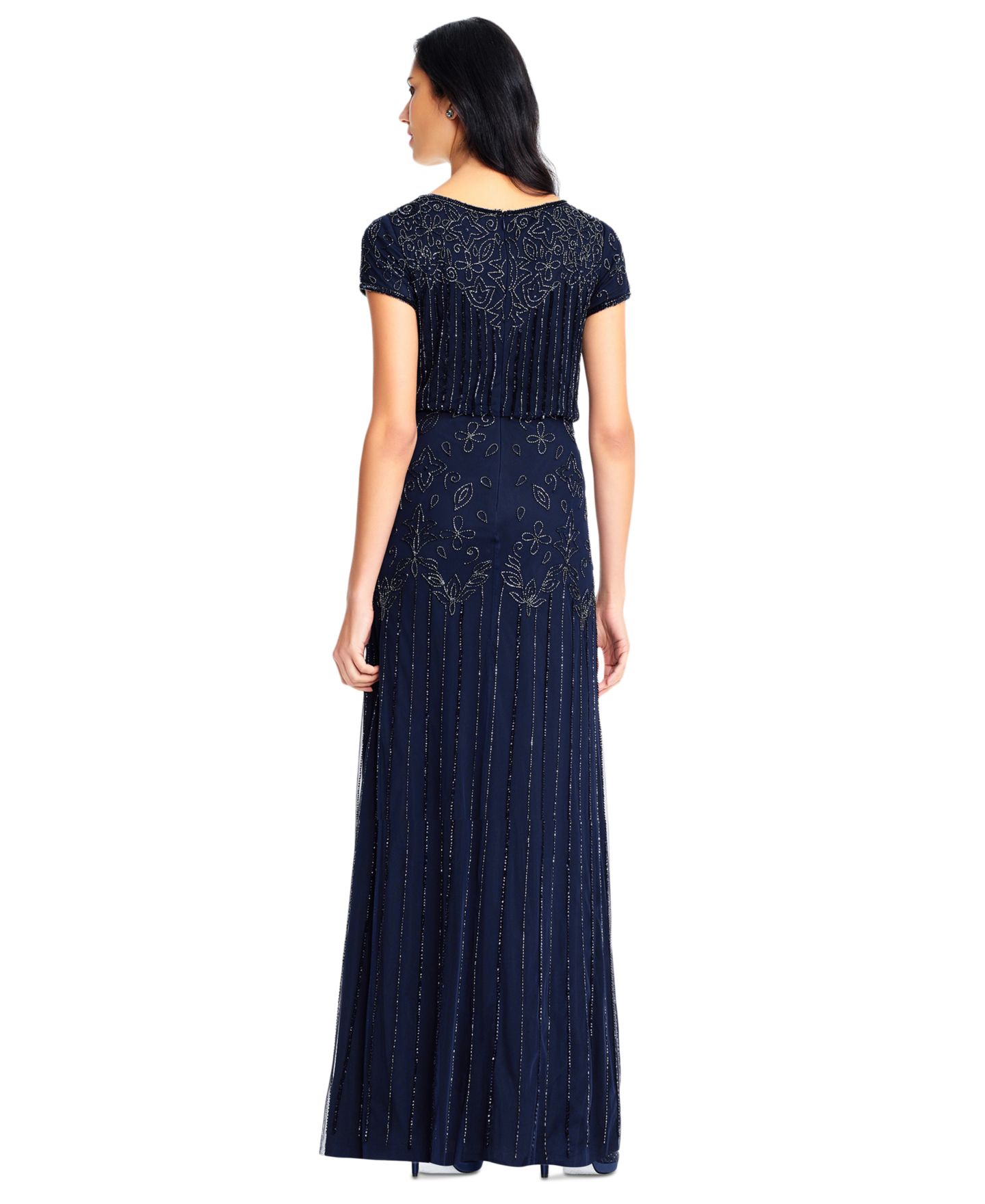 Женское платье Adrianna Papell Beaded Short-Sleeve Sheer-Overlay Gown, цвет: Тёмно-синий — фото 2