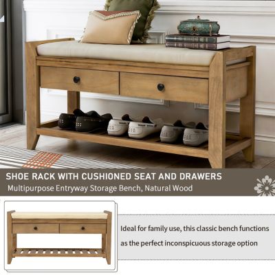 Multipurpose Entryway Bench with Cushioned Seat and Drawers