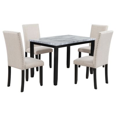 Marble 5-Piece Dining Set Table with 4 Thicken Cushion Dining Chairs