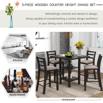 5-Piece Wooden Counter Height Dining Set With Padded Chairs And Storage Shelving
