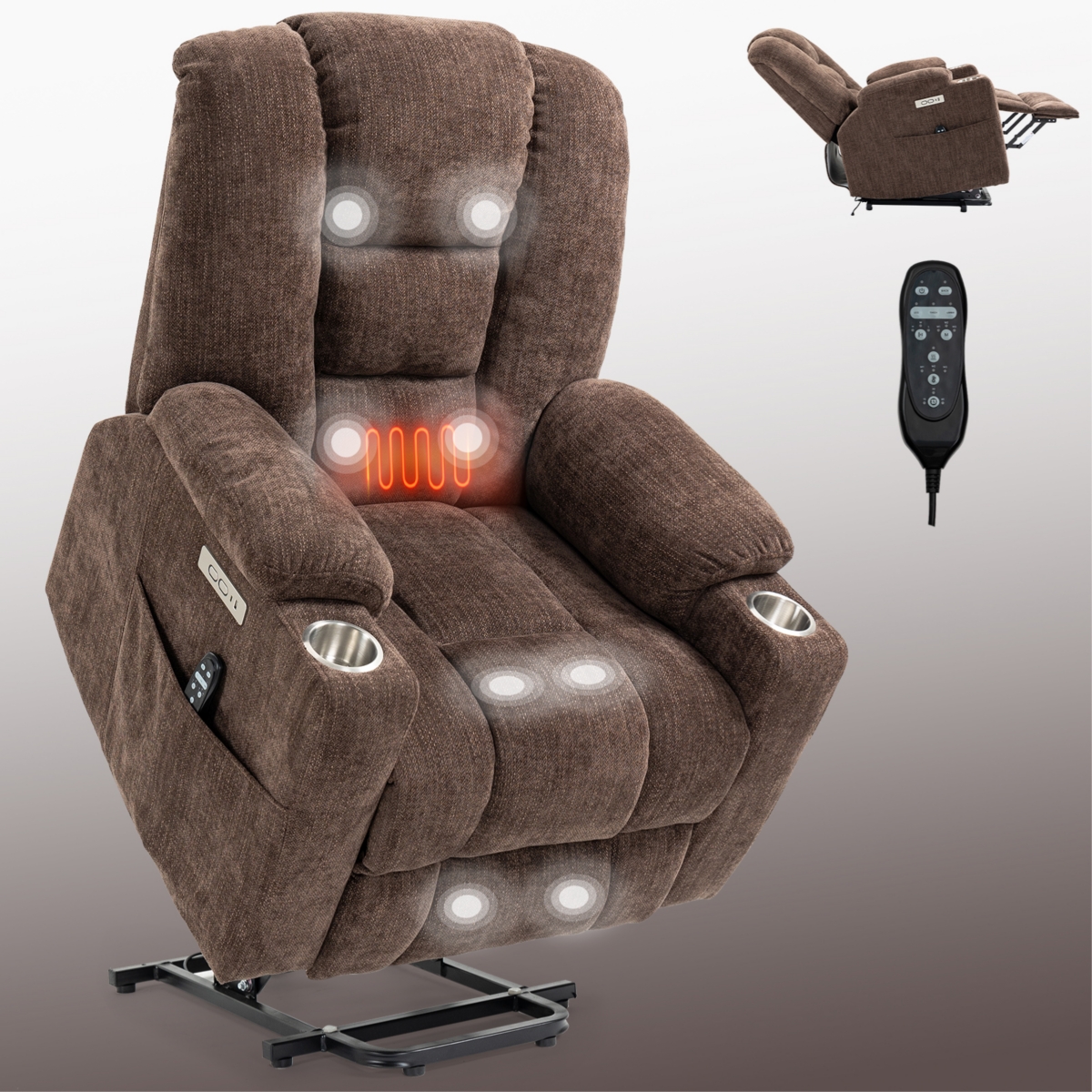 Streamdale Furniture Massage Recliner with Heat and Usb Ports for Elderly -- Brown