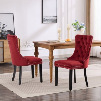 Set of 2 Velvet Upholstered Tufted Dining Chairs with Solid Wood Legs and Nailhead Trim