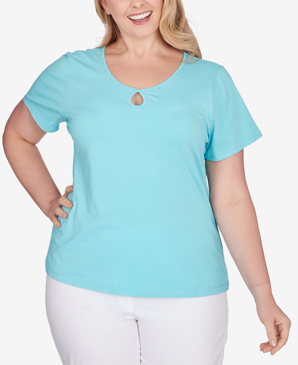 Shop Hearts Of Palm Plus Size Spring Into Action Solid Short Sleeve Shirt In Medium Blue
