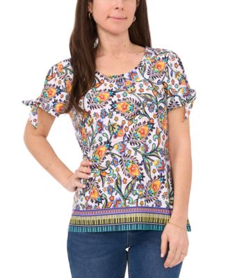 Sam & Jess - Petite Tie-Cuff Paisley-Print Split-Sleeve Top