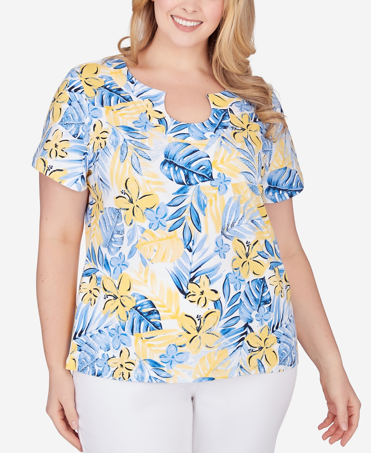 Shop Hearts Of Palm Plus Size Printed Essentials Short Sleeve Top In Yellow Multi