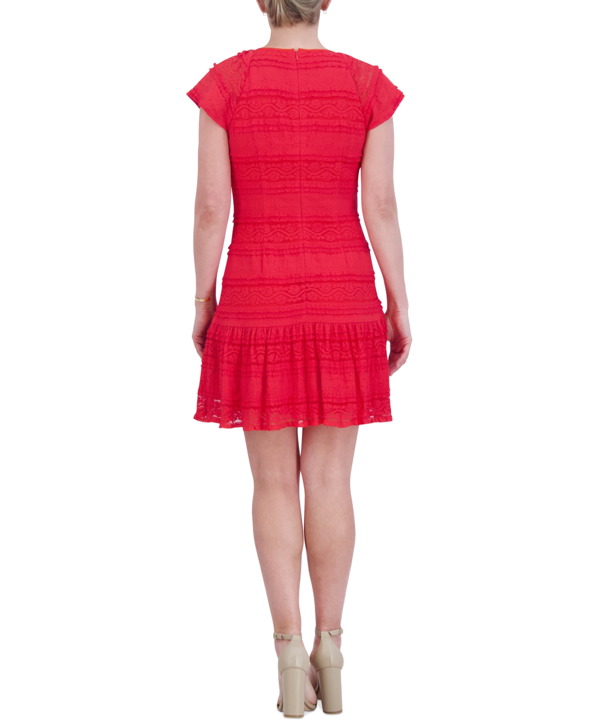 Shop Jessica Howard Petite Round-neck Short-sleeve Lace Dress In Red