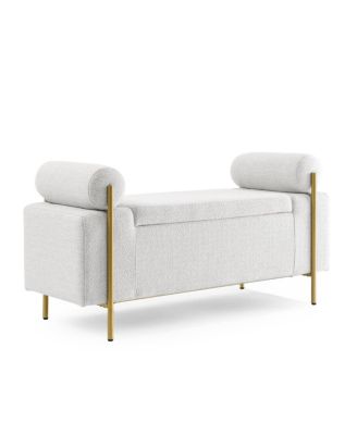White linen upholstered bench with iron legs