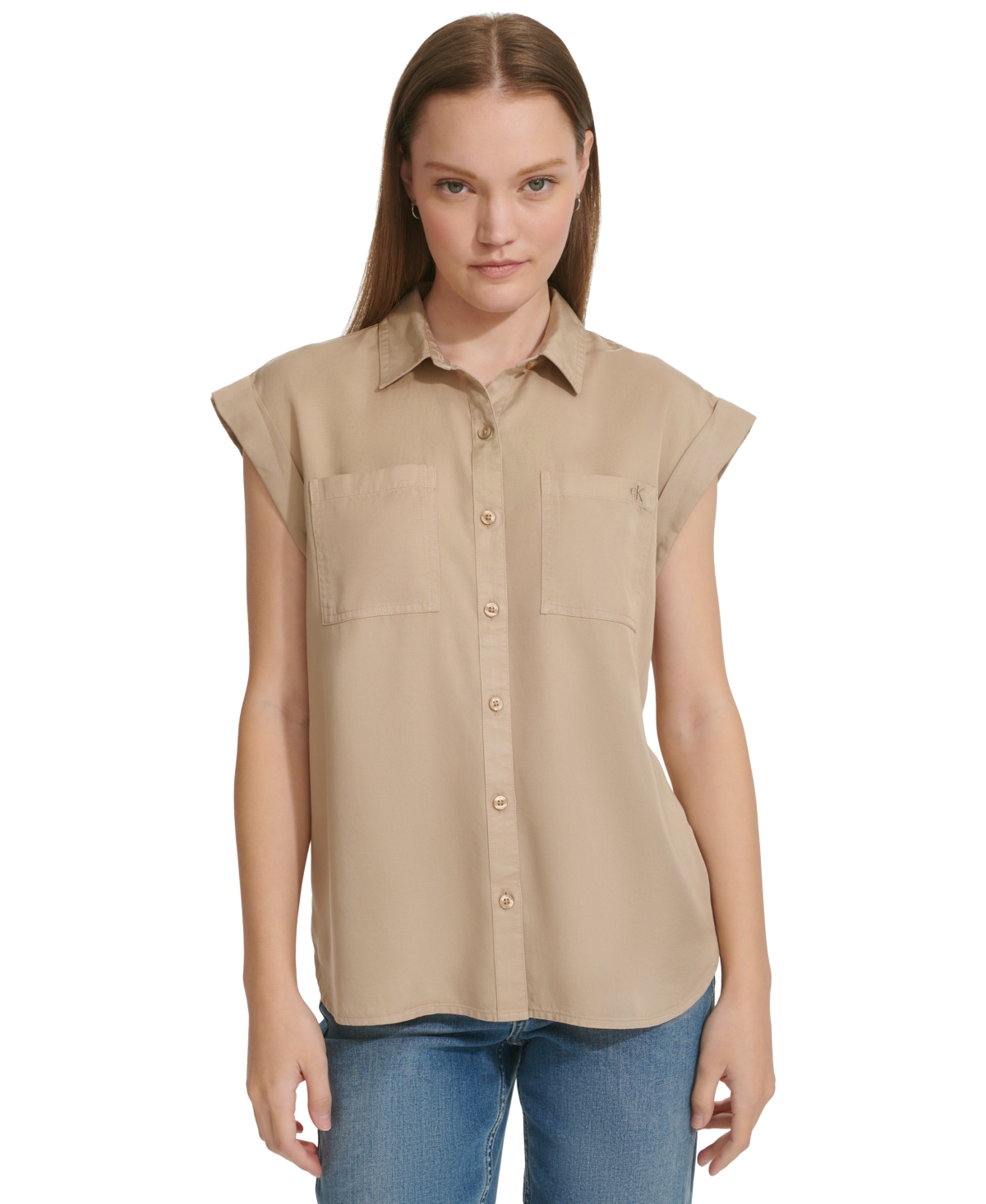 Shop Calvin Klein Jeans Est.1978 Petite Button-front Cap-sleeve Shirt In Suede