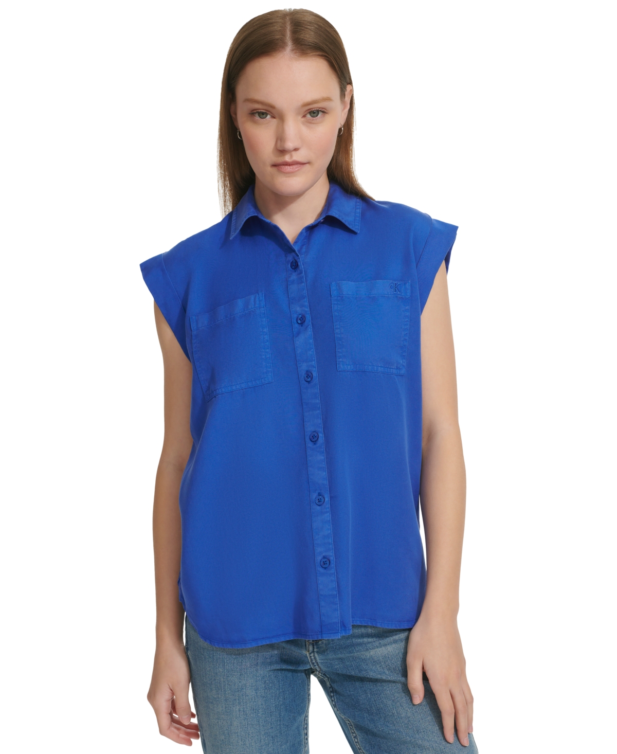 Shop Calvin Klein Jeans Est.1978 Petite Button-front Cap-sleeve Shirt In Dazzling Blue