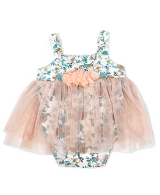 Baby Girls 2 Piece Peach Floral Romper with Tulle Over Skirt and Matching Headband