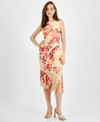 Topson Downs - Women's Round-Neck Printed Asymmetric-Ruffle Dress