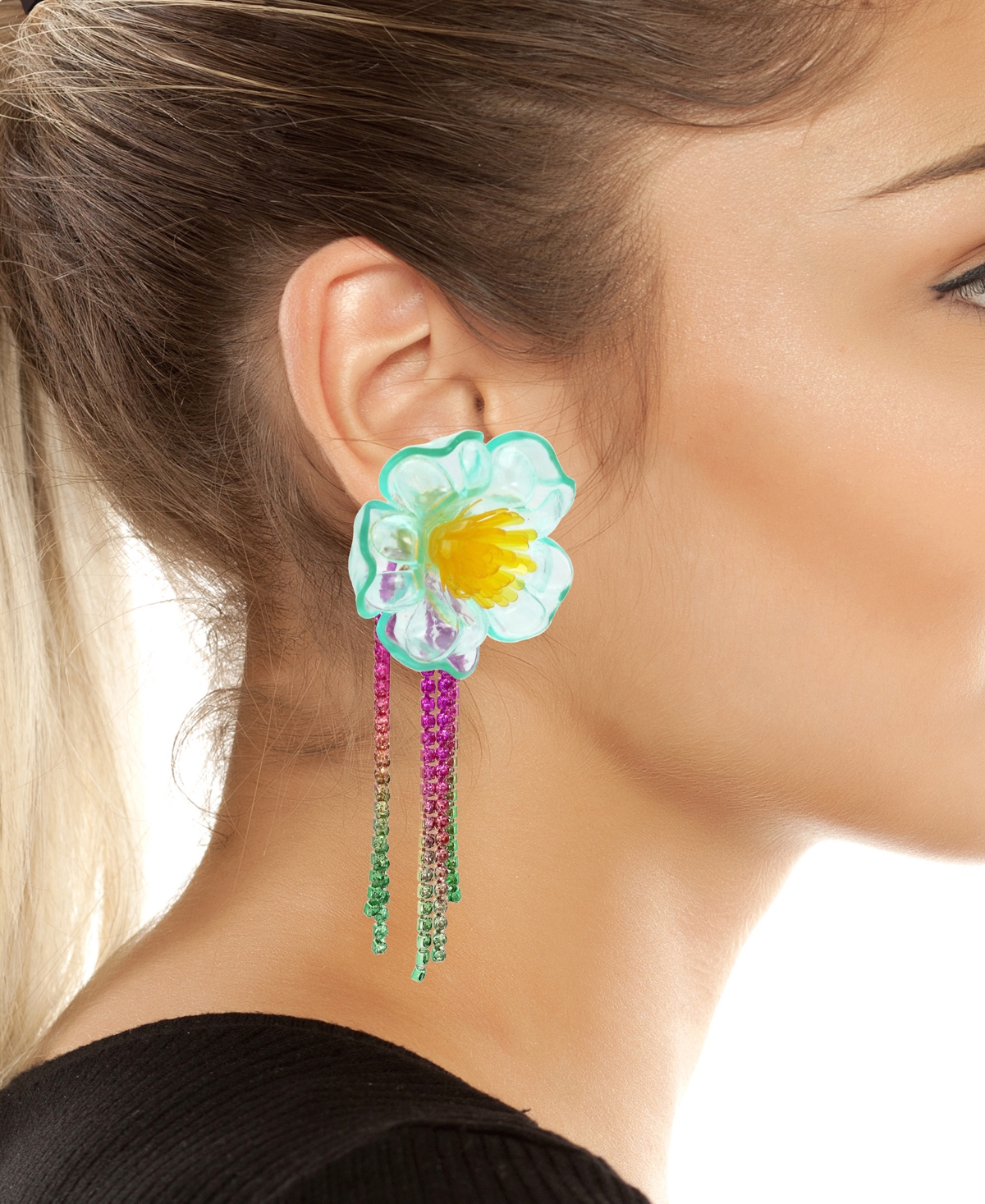 Shop Betsey Johnson Faux Stone Flower Fringe Chandelier Earrings In Multi -