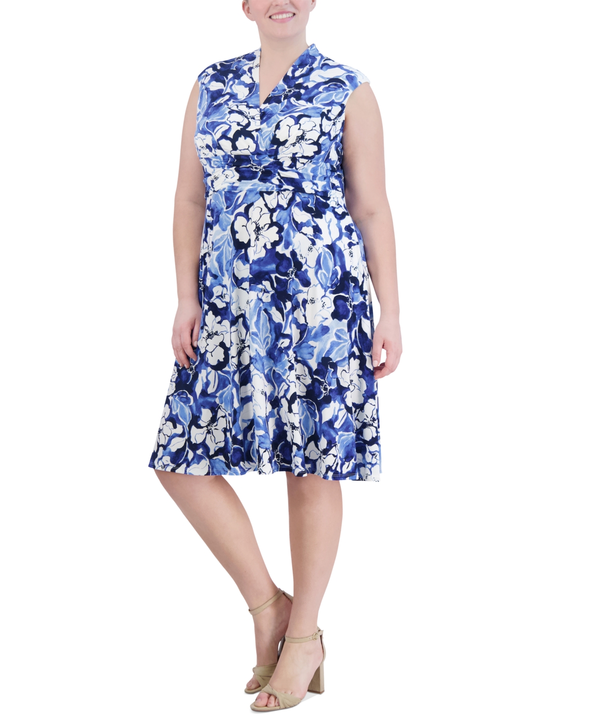 Shop Jessica Howard Plus Size Floral-print Ruched-waist Dress In Ivory,blue