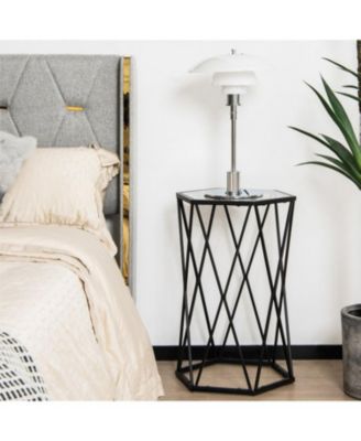Hexagonal Accent End Table with Tempered Glass Top and Metal Frame
