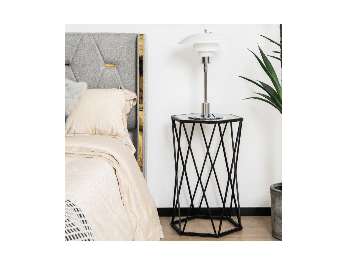 Slickblue Hexagonal Accent End Table with Tempered Glass Top and Metal Frame