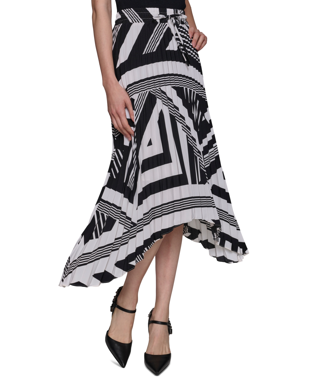 Women's Printed Pleated Pull-On Asymmetrical-Hem Midi Skirt - Soft White  Black