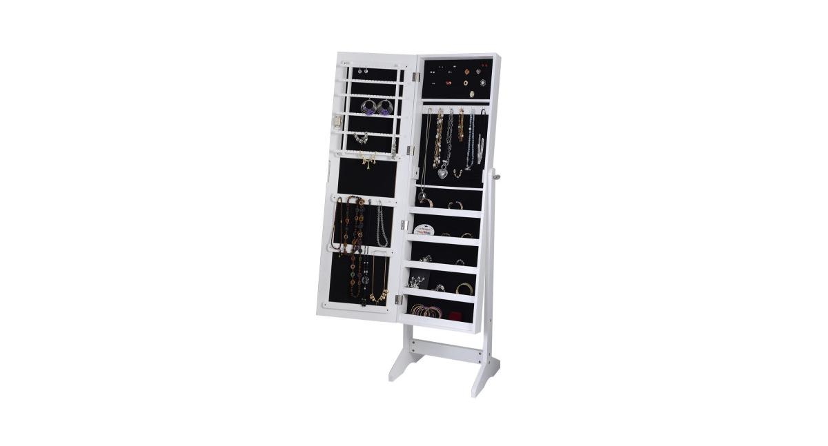 New Jewelry Cabinet Mirrored Armoire Mirror Organizer Storage Box Ring W/Stand - Black