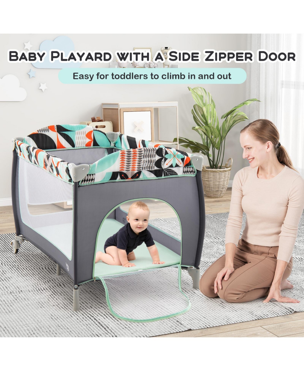 Slickblue 3-in-1 Portable Baby Playard with Zippered Door and Toy Bar