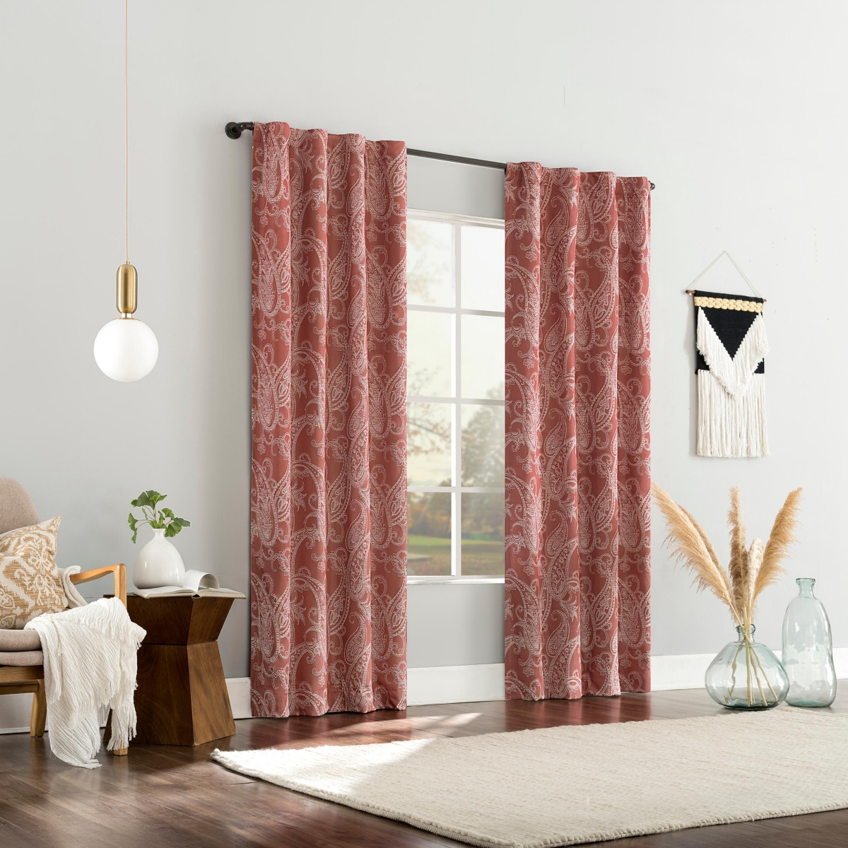 Pedra Paisley Embroidery 100% Blackout Back Tab Curtain Panel
