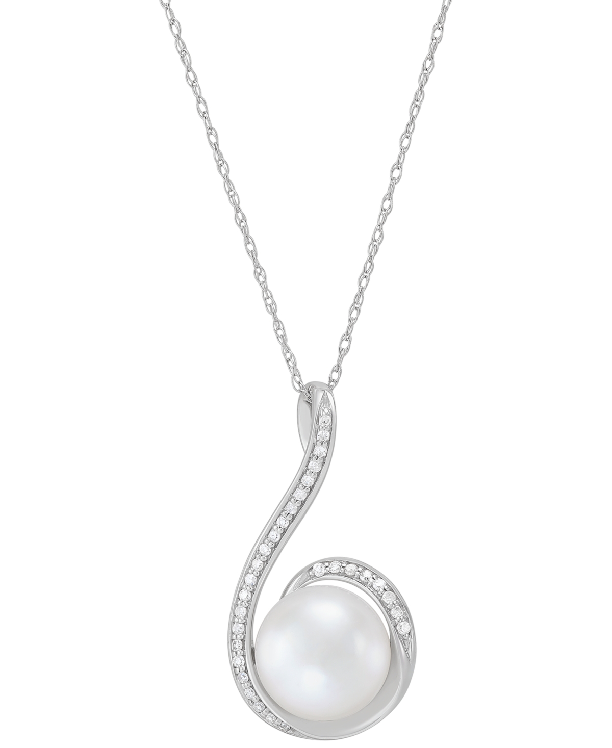 Cultured Freshwater Pearl (9mm) & Diamond (1/10 ct. t.w.) Swirl 18" Pendant Necklace in 14k White Gold - White Gold