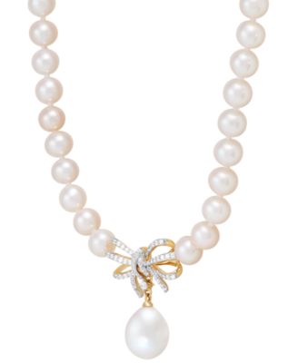 Cultured Freshwater Pearl (5 & 8-1/2mm) & Diamond (1/5 ct. t.w.) Ribbon 17" Collar Necklace in 10k Gold