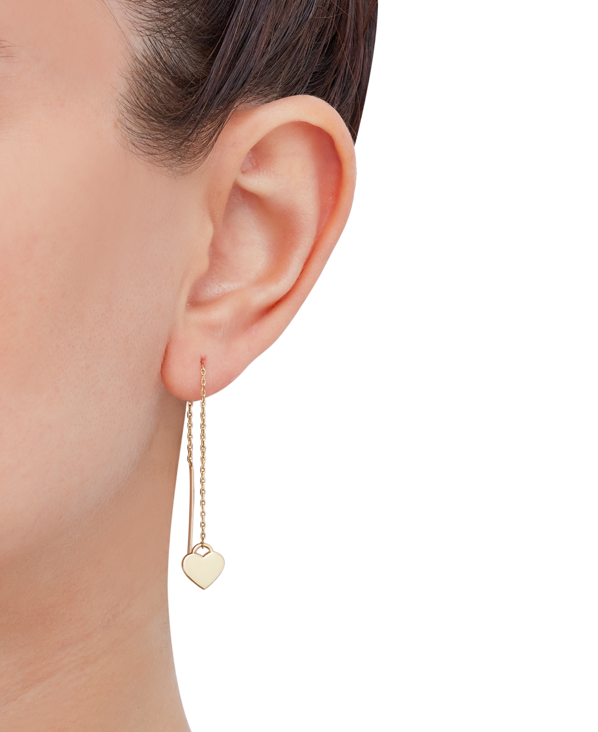 Polished Heart & Oval Link Chain Extra Long Threader Earrings in 10k Gold