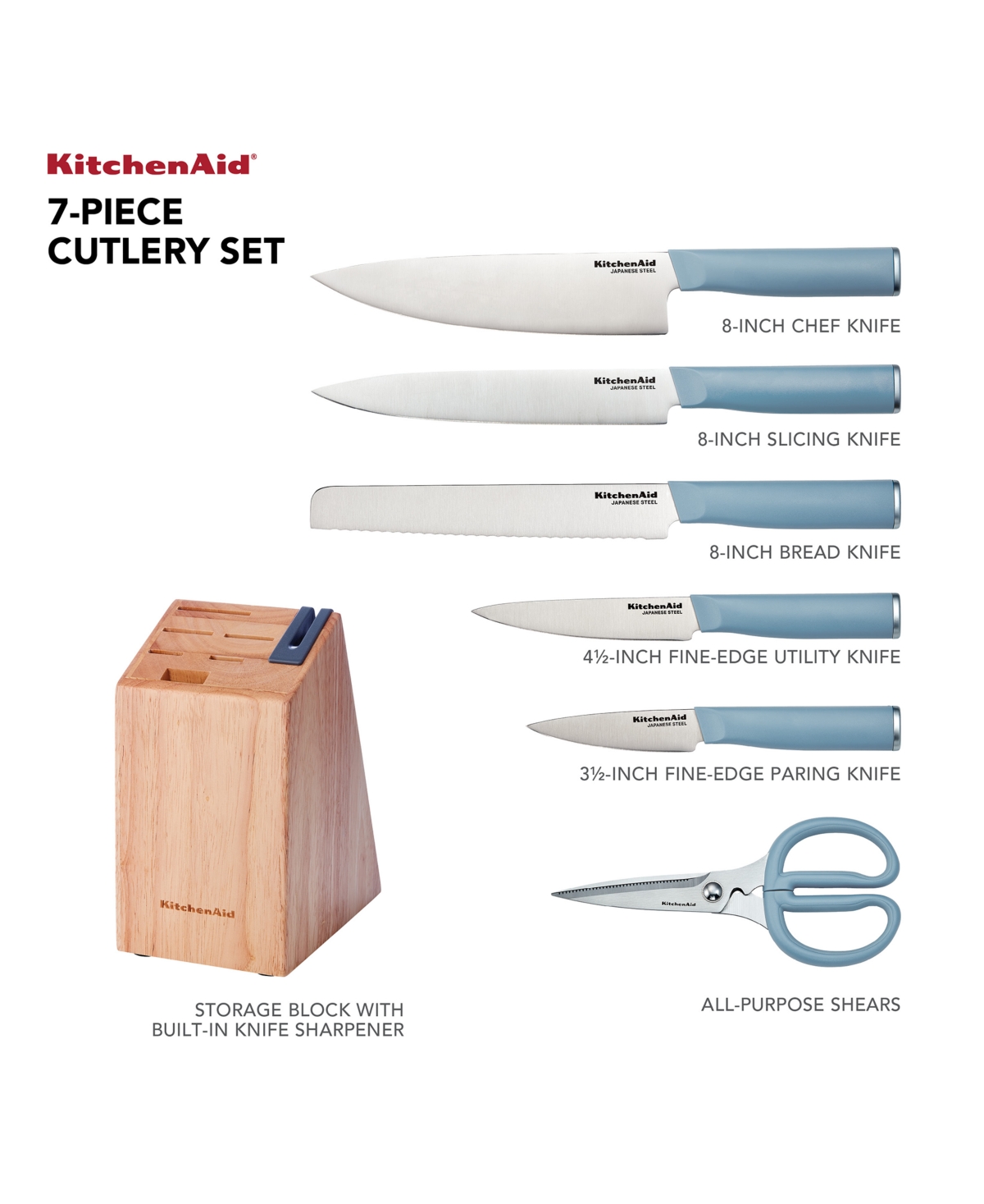 Kitchenaid Classic 7-pc. Japanese Steel Knife & Sharpener Block Set In White