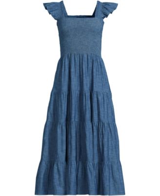 Women's Chambray Smocked Dress with Ruffle Straps