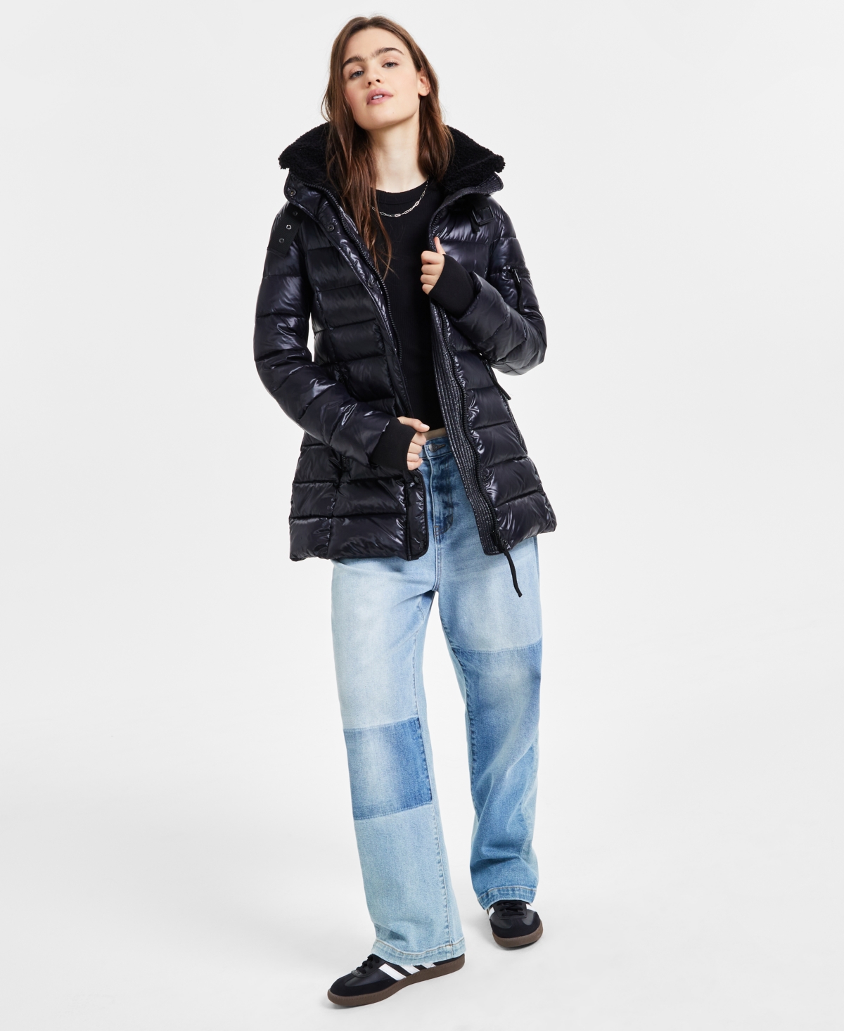 Women's Greenwich Hooded Faux-Sherpa-Collar Puffer Coat - Jet/Black