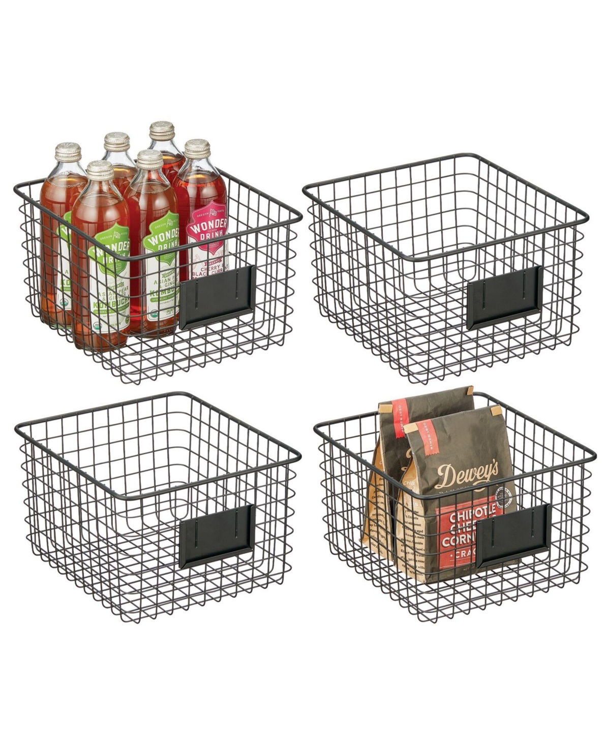 Small Steel Kitchen Organizer Basket - Label Slot, 4 Pack, Matte Black - Matte black