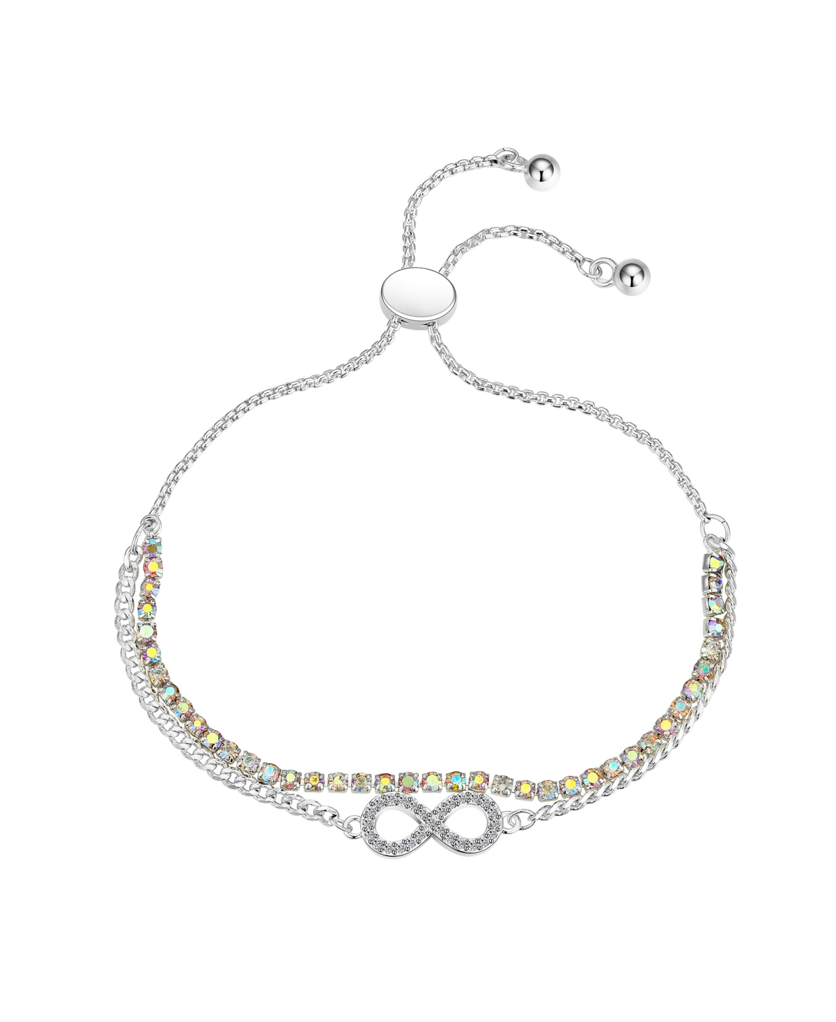 Aurora Borealis Crystal Infinity Double Strand Bolo Bracelet - Silver